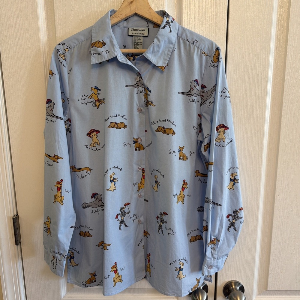 Chatterprintz by Unthinkable Women's size M Blue Silly Dogs Button Down Shirt